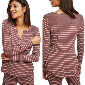 Anthropologie Womens Sleep Shirt Campground Maroon Striped Thermal Henley Top S